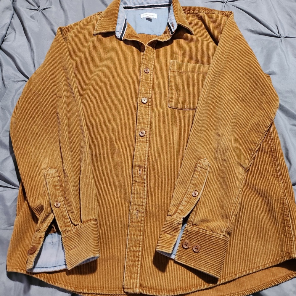 Sun + Stone Mens Corduroy Shirt Large Brown Mustard Cotton Button Down LS